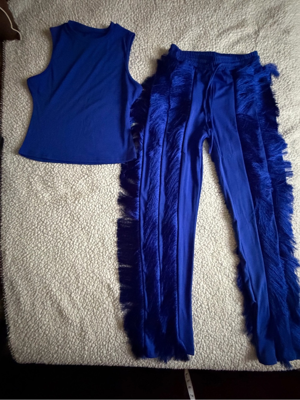 Bold Royal Blue Two-Piece Set - Sleeveless Top & Fringe Trim Pants